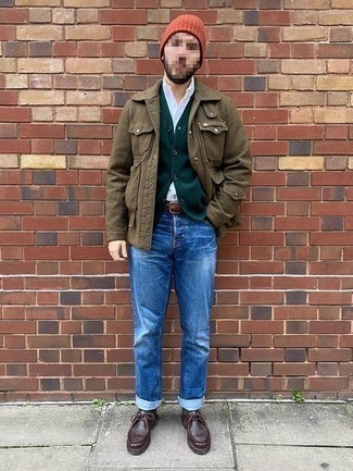Dark Green Socks Outfits For Men: Wear a brown wool field jacket with dark green socks for a laid-back take on off-duty style. If you feel like playing it up a bit now, complement your look with a pair of dark brown leather desert boots.