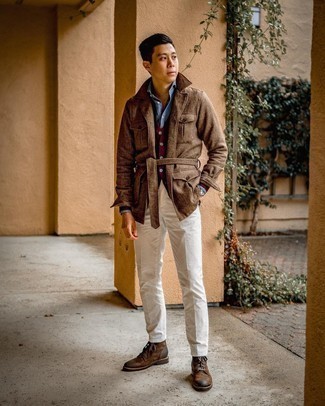 Red Cardigan Chill Weather Outfits For Men: One of the best ways for a man to style a red cardigan is to pair it with white chinos for an off-duty look. Complement your look with a pair of dark brown suede casual boots and the whole look will come together.