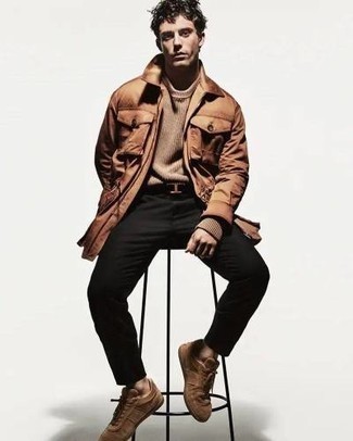 Black Suede Belt Outfits For Men: Opt for a brown field jacket and a black suede belt for a fashionable and street style outfit. Get a little creative on the shoe front and dress up your getup by rocking a pair of brown canvas low top sneakers.