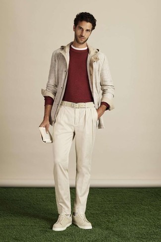 Beige Linen Field Jacket Outfits: This pairing of a beige linen field jacket and beige chinos will allow you to show your expertise in menswear styling even on dress-down days. Go off the beaten track and jazz up your look by finishing with beige leather low top sneakers.