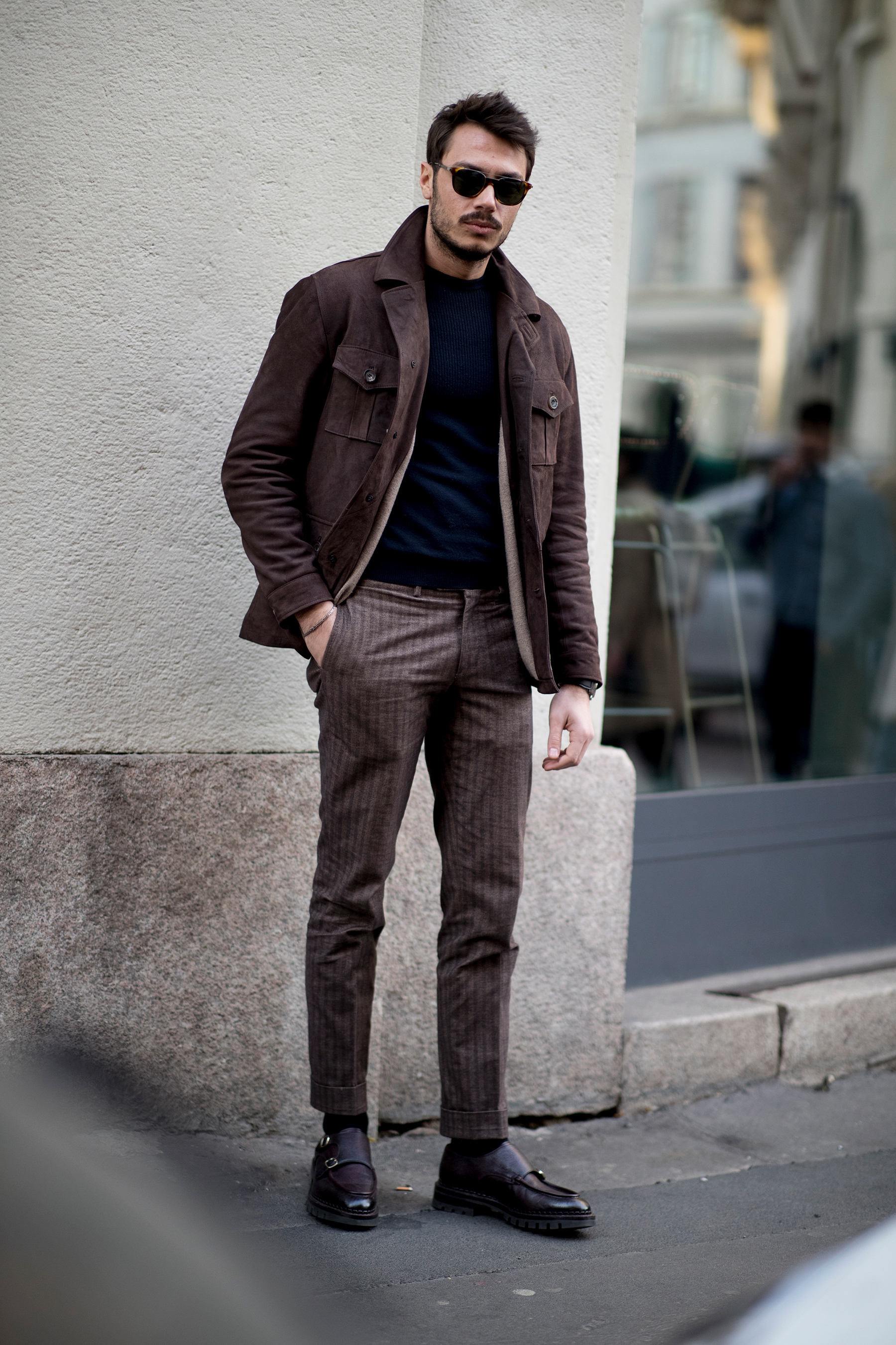 Men's Dark Brown Suede Field Jacket, Navy Crew-neck Sweater