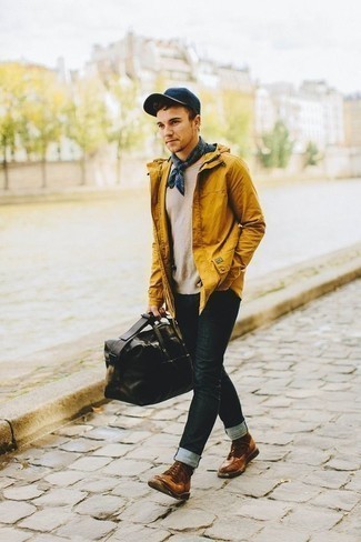 Black Leather Holdall Outfits For Men: A mustard field jacket and a black leather holdall are totally worth adding to your list of indispensable casual items. Finishing off with tobacco leather casual boots is a guaranteed way to inject a dash of class into this outfit.