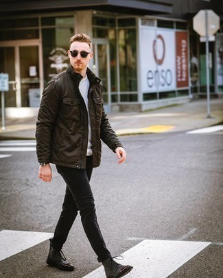 Black Jeans Outfits For Men: For something more on the off-duty end, marry a dark brown field jacket with black jeans. A great pair of charcoal canvas casual boots is an easy way to breathe an extra dose of sophistication into your ensemble.