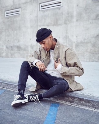 Khaki Field Jacket Outfits: You'll be amazed at how easy it is for any gent to get dressed like this. Just a khaki field jacket teamed with navy skinny jeans. If you're on the fence about how to round off, a pair of navy and white canvas low top sneakers is a smart idea.