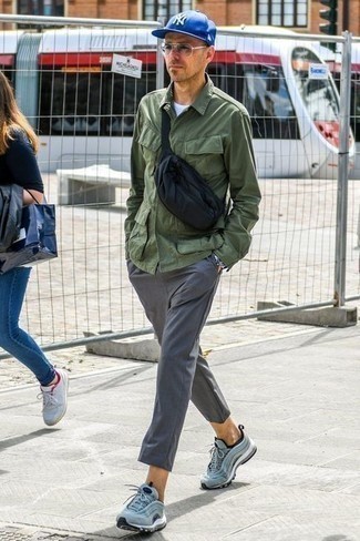 Light Blue Sneakers Outfits For Men: For effortless style without the need to sacrifice on comfort, we love this pairing of an olive field jacket and grey chinos. Send your ensemble down a more casual path by slipping into light blue sneakers.
