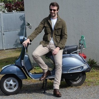 Olive Field Jacket Outfits: This relaxed combination of an olive field jacket and beige chinos is a life saver when you need to look great in a flash. A pair of dark brown leather casual boots effortlessly ramps up the wow factor of your ensemble.