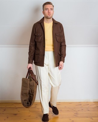 Mustard Crew-neck T-shirt Outfits For Men: Go for a mustard crew-neck t-shirt and white dress pants and you'll create a sleek and sophisticated outfit. If you feel like dialing it up a bit, introduce a pair of dark brown suede loafers to your getup.