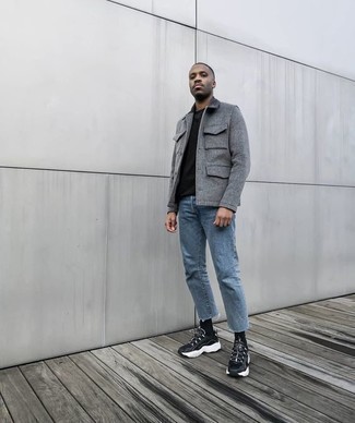 Men's Grey Wool Field Jacket, Black Crew-neck T-shirt, Blue Jeans, Black and White Athletic Shoes