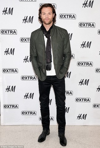 Jared Padalecki wearing Olive Field Jacket, White Crew-neck T-shirt, Black Jeans, Black Leather Chelsea Boots