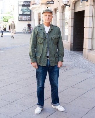 Dark Green Field Jacket Outfits: This combo of a dark green field jacket and blue jeans is proof that a safe casual ensemble doesn't have to be boring. White low top sneakers are a wonderful choice to finish this getup.