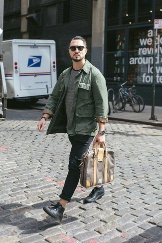 Dark Green Field Jacket Outfits: For an outfit that's pared-down but can be flaunted in a ton of different ways, rock a dark green field jacket with black jeans. Introduce black leather high top sneakers to this ensemble to inject a dose of stylish nonchalance into your ensemble.