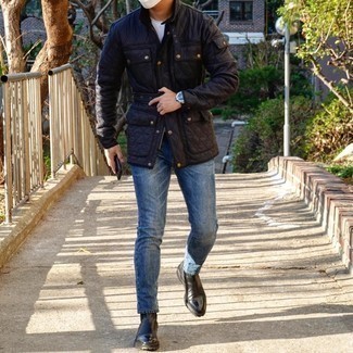 Black Quilted Field Jacket Outfits: A black quilted field jacket looks so great when paired with blue jeans. Got bored with this outfit? Invite black leather chelsea boots to change things up a bit.