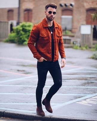 Brown Field Jacket Outfits: A brown field jacket and black ripped skinny jeans are a great outfit formula to have in your casual collection. Let your sartorial sensibilities really shine by complementing your outfit with dark brown suede chelsea boots.