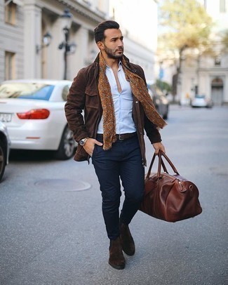 Tobacco Print Scarf Outfits For Men: A dark brown suede field jacket and a tobacco print scarf are a bold casual combination that every modern guy should have in his casual fashion mix. Infuse this look with an added touch of sophistication by sporting a pair of dark brown suede chelsea boots.