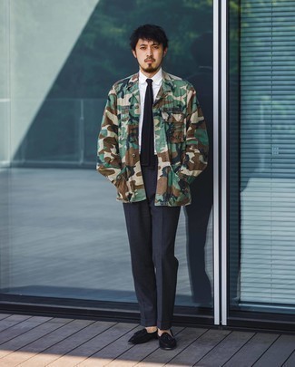 207 Dressy Spring Outfits For Men: Opt for an olive camouflage field jacket and charcoal dress pants for a proper elegant menswear style. To give your overall ensemble a more sophisticated vibe, complete this look with a pair of black velvet tassel loafers. With rising temperatures come warmer afternoons and balmy nights and the need for a summery outfit just like this one.