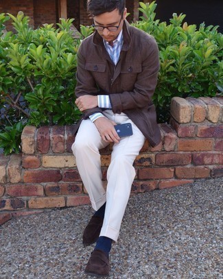 Field Jacket Outfits: To look cool and sharp, try teaming a field jacket with white dress pants. For maximum fashion points, add dark brown suede loafers to your look.