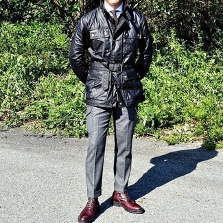 Black Field Jacket Outfits: Pairing a black field jacket with grey dress pants is a savvy option for a classic and classy ensemble. Finish with burgundy leather casual boots to avoid looking too formal.