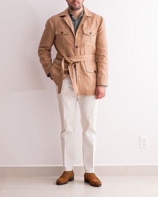 Tobacco Socks Outfits For Men: The pairing of a khaki field jacket and tobacco socks makes this a solid casual look. Dress up this outfit with brown suede loafers.