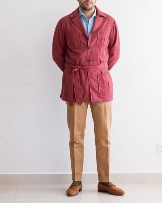 Khaki Dress Pants Outfits For Men: This sophisticated pairing of a red field jacket and khaki dress pants will cement your styling chops. Complement your getup with a pair of brown suede loafers to tie the whole ensemble together.