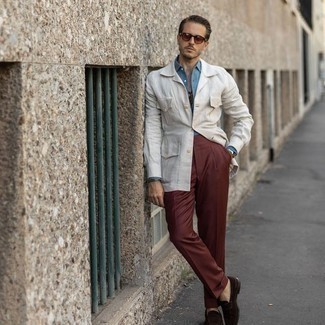 White Field Jacket Outfits: Marrying a white field jacket and brown dress pants is a fail-safe way to breathe elegance into your current styling arsenal. Enter a pair of dark brown suede loafers into the equation and ta-da: the outfit is complete.