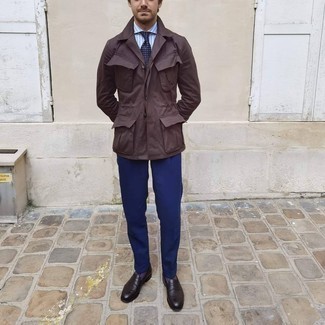 Dark Brown Field Jacket Outfits: Pair a dark brown field jacket with navy dress pants to have all eyes on you. Dark brown leather loafers integrate wonderfully within a variety of outfits.