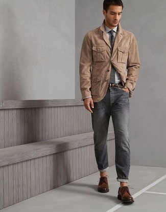 Khaki Suede Field Jacket Outfits: A khaki suede field jacket and grey jeans are a combo that every dapper gentleman should have in his closet. Add a pair of brown leather derby shoes to the mix to completely shake up the outfit.