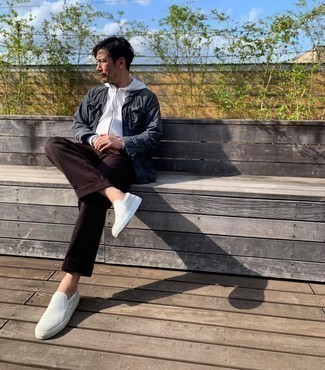 Dark Brown Chinos Outfits: This laid-back combo of a charcoal field jacket and dark brown chinos is a life saver when you need to look great but have no extra time to put together an ensemble. A pair of grey canvas slip-on sneakers will be a stylish addition to this ensemble.