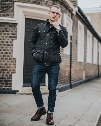 Men's Black Field Jacket, Navy Jeans, Dark Brown Leather Casual Boots, Tan Sunglasses