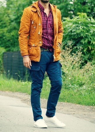 Men's Tobacco Field Jacket, Red and Navy Gingham Long Sleeve Shirt, Blue Cargo Pants, White Canvas Low Top Sneakers