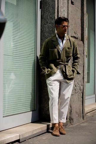 Men's Olive Linen Field Jacket, White Long Sleeve Shirt, White Vertical Striped Chinos, Brown Suede Derby Shoes