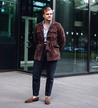 Tobacco Suede Loafers Outfits For Men: Consider wearing a dark brown suede field jacket and navy chinos to pull together an extra dapper and modern-looking relaxed casual ensemble. Go the extra mile and jazz up your outfit by rounding off with tobacco suede loafers.