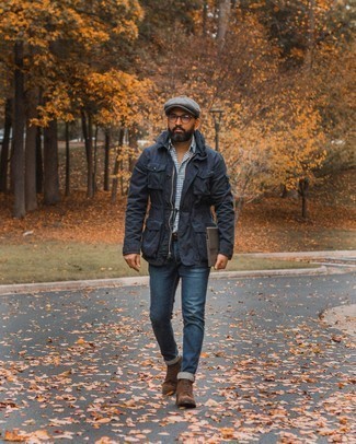 Zip Pouch Outfits For Men: This ensemble with a navy field jacket and a zip pouch isn't super hard to score and leaves room to more creative experimentation. To introduce a bit of flair to your ensemble, complete your ensemble with dark brown suede casual boots.