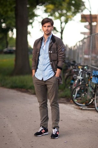 Dark Brown Chinos Outfits: This off-duty combination of a dark brown field jacket and dark brown chinos is a tested option when you need to look cool but have no time to dress up. A trendy pair of black athletic shoes is an effective way to give a dash of stylish casualness to this ensemble.