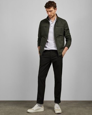 Dark Green Field Jacket Outfits: For an off-duty ensemble with a clear fashion twist, consider pairing a dark green field jacket with black chinos. Put a fresh spin on an otherwise dressy outfit by rounding off with a pair of white leather low top sneakers.