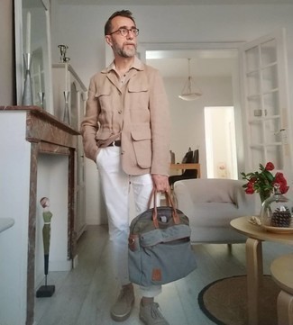 Khaki Field Jacket Outfits: For a relaxed casual outfit, wear a khaki field jacket and white chinos — these items fit nicely together. Avoid looking too casual by rounding off with a pair of grey suede derby shoes.