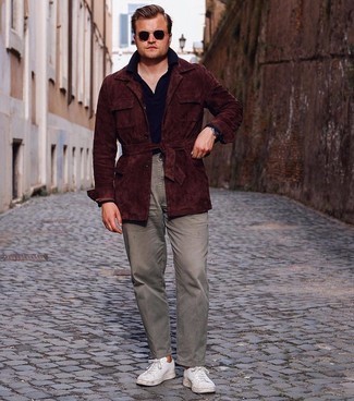 Tobacco Suede Field Jacket Outfits: This is hard proof that a tobacco suede field jacket and grey jeans are amazing when worn together in a casual look. White canvas low top sneakers are a stylish accompaniment for this look.