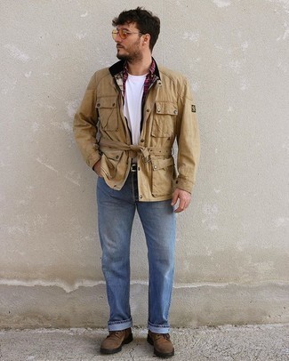 Khaki Field Jacket Outfits: This is indisputable proof that a khaki field jacket and light blue jeans are awesome when paired together in a casual ensemble. Add a pair of brown suede casual boots to the equation for extra style points.