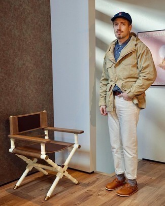 Men's Khaki Field Jacket, Navy Chambray Short Sleeve Shirt, White Jeans, Tobacco Leather Loafers