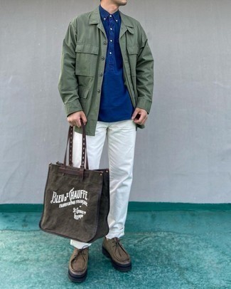 Men's Olive Field Jacket, Navy Chambray Short Sleeve Shirt, White Jeans, Brown Suede Desert Boots