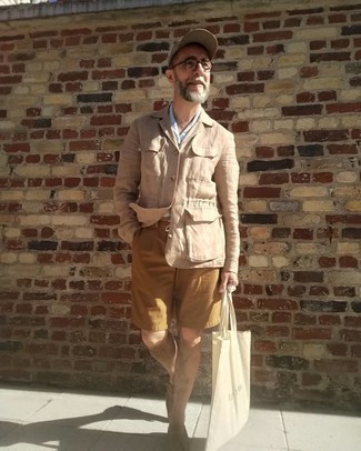 Men's Khaki Field Jacket, White Short Sleeve Shirt, Brown Shorts, Brown Leather Loafers