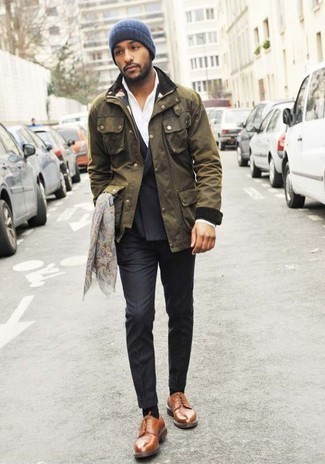 Tan Scarf Outfits For Men: If the setting permits casual city styling, reach for an olive field jacket and a tan scarf. Feeling transgressive? Spice things up by sporting tobacco leather derby shoes.