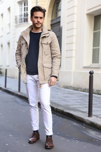Beige Field Jacket Outfits: This combo of a beige field jacket and white chinos is put together and yet it looks casual enough and ready for anything. Kick up the appeal of your ensemble by slipping into a pair of brown leather derby shoes.