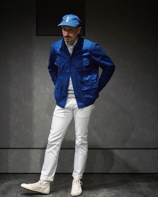 Navy Field Jacket Outfits: A navy field jacket and white jeans are a combination that every modern gent should have in his wardrobe. For a truly modern hi-low mix, add white canvas high top sneakers to the mix.
