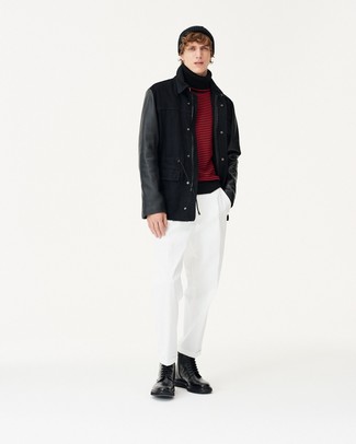Men's Black Field Jacket, Red and Black Horizontal Striped Turtleneck, White Chinos, Black Leather Casual Boots