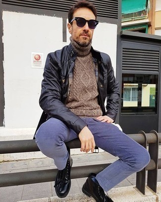 Men's Black Field Jacket, Brown Knit Wool Turtleneck, Blue Corduroy Chinos, Black Leather Casual Boots
