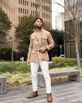 Khaki Field Jacket Outfits: If the situation allows laid-back styling, you can dress in a khaki field jacket and white chinos. Wondering how to complete this getup? Round off with a pair of brown suede chelsea boots to kick it up.