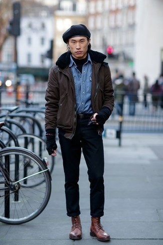 Black Pants with Brown Shoes Outfits For Men: To achieve a casual ensemble with a modern twist, team a dark brown field jacket with black pants. Complement your getup with brown leather casual boots to make the ensemble slightly sleeker.