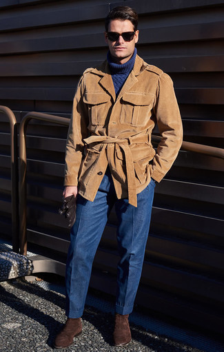 Khaki Field Jacket Outfits: This outfit shows it is totally worth investing in such timeless menswear pieces as a khaki field jacket and blue dress pants. Brown suede chelsea boots are a stylish addition for this look.