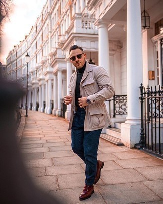 Beige Field Jacket Outfits: A beige field jacket looks so refined when teamed with navy dress pants in a modern man's ensemble. For something more on the classier side to complement this look, add a pair of burgundy leather dress boots to the equation.