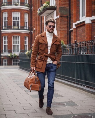Brown Leather Holdall Outfits For Men: A brown wool field jacket and a brown leather holdall are amazing menswear items to integrate into your casual routine. Put a different spin on your look by sporting dark brown suede chelsea boots.